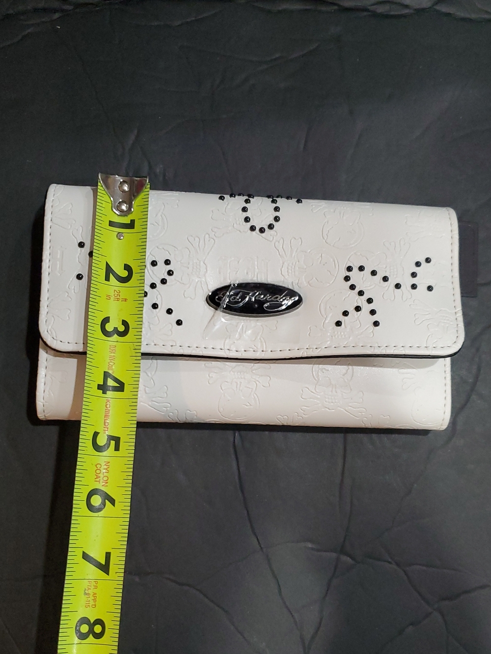 Ed Hardy white skull embossed EH monogram black studded long trifold wallet - Picture 14 of 14